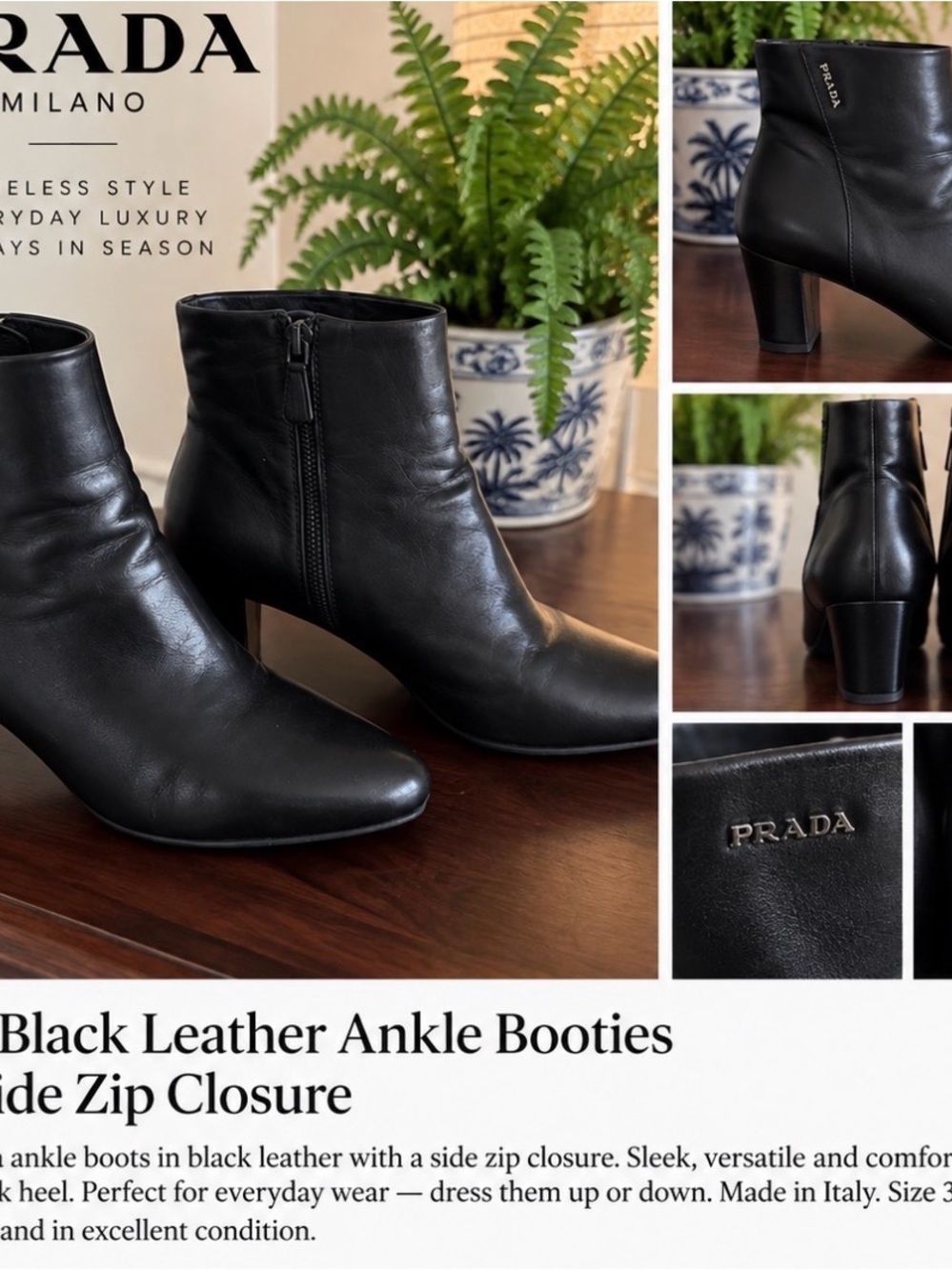 Prada Black Leather Ankle Booties
